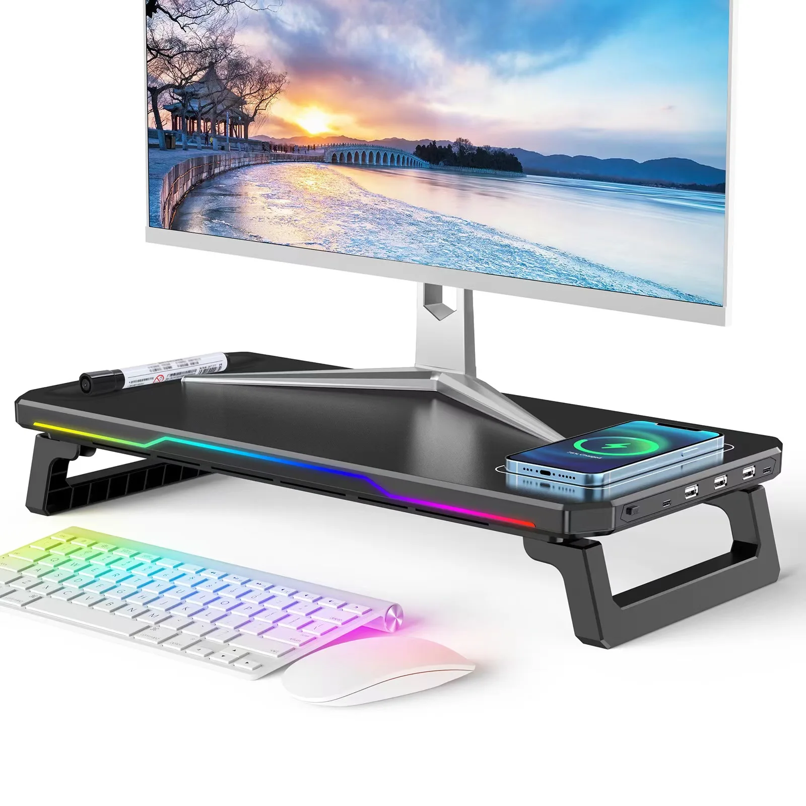 RGB Rechargeable Desktop Monitor Height Stand 3 USB 2.0 Illuminated Universal Laptop Storage Rack with Wireless Charging