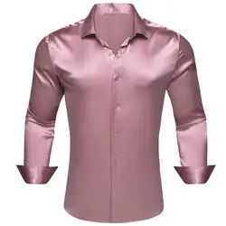 Luxury Men's Shirts Solid Satin Silk Rose Gold Pink Male Blouse Casual Regular Slim Fit Button Down Tops Clothing Barry Wang