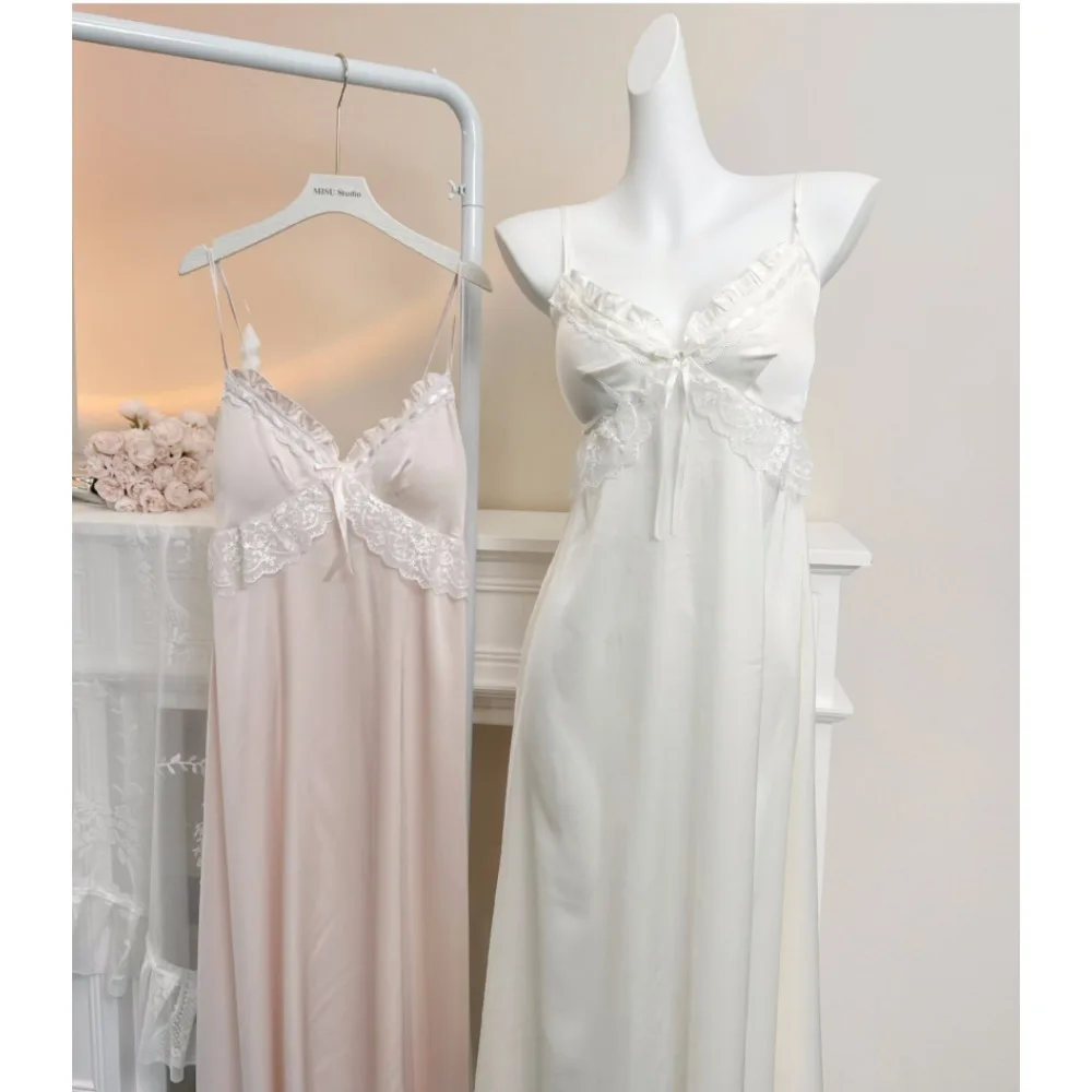 2026 New Women's Autumn and Winter Camisole Nightgown 2-piece Set with Chest Cushion and Lace Stitching, Elegant, Sexy and Warm