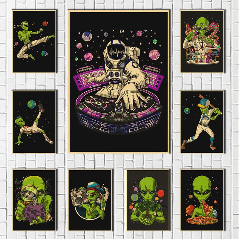 Alien Space Astronaut Retro Poster Home Bar Cafe Art Wall Sticker Collection Picture Wallpaper Decoration