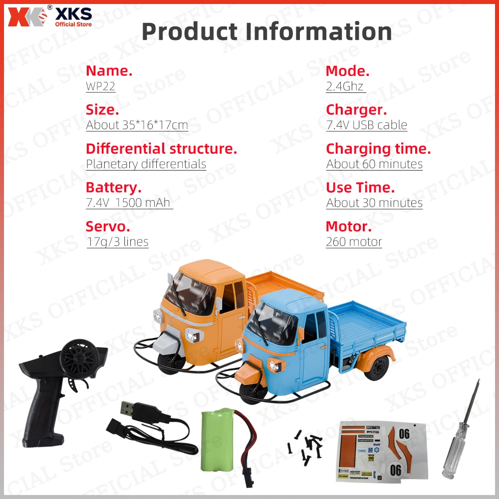 XKS WPL WP22 Moto RC à 3 roues - Véhicule télécommandé à dérive à grande vitesse Dodo, jouet RC électrique rechargeable pour enfants