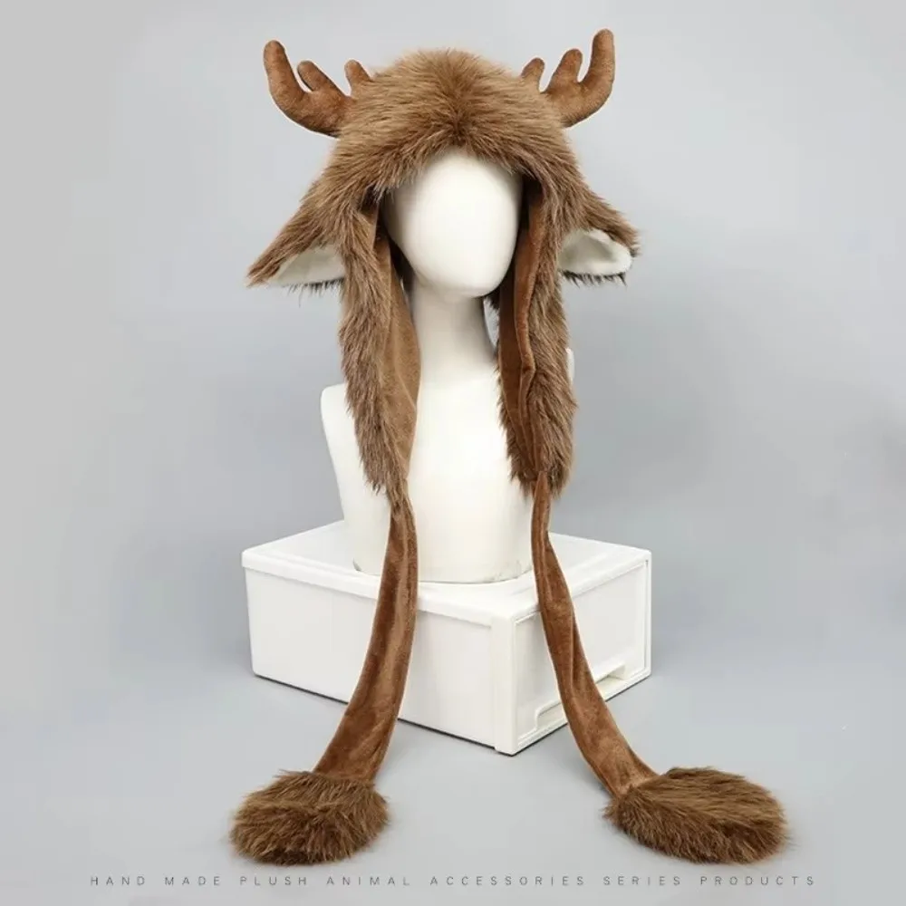 Pullover Style Christmas Elk Hat Windproof Design Teddy Fleece Reindeer Antler Hat Fluffy Texture Adjustable Tie Furry Cap Hat