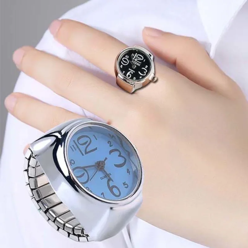 

Finger Ring Watch Women/Girl Sleek Steel Round Dial Elastic Quartz Finger Ring with Watch Female Ring Mini Size Gift for Student