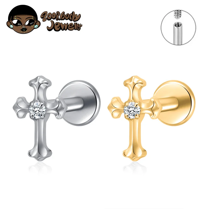 ASTM F136 Titanium with CZ Cross Labret Studs Lip Piercing Internally Threaded Medusa Ring Cartilage Monroe Piercing Jewelry