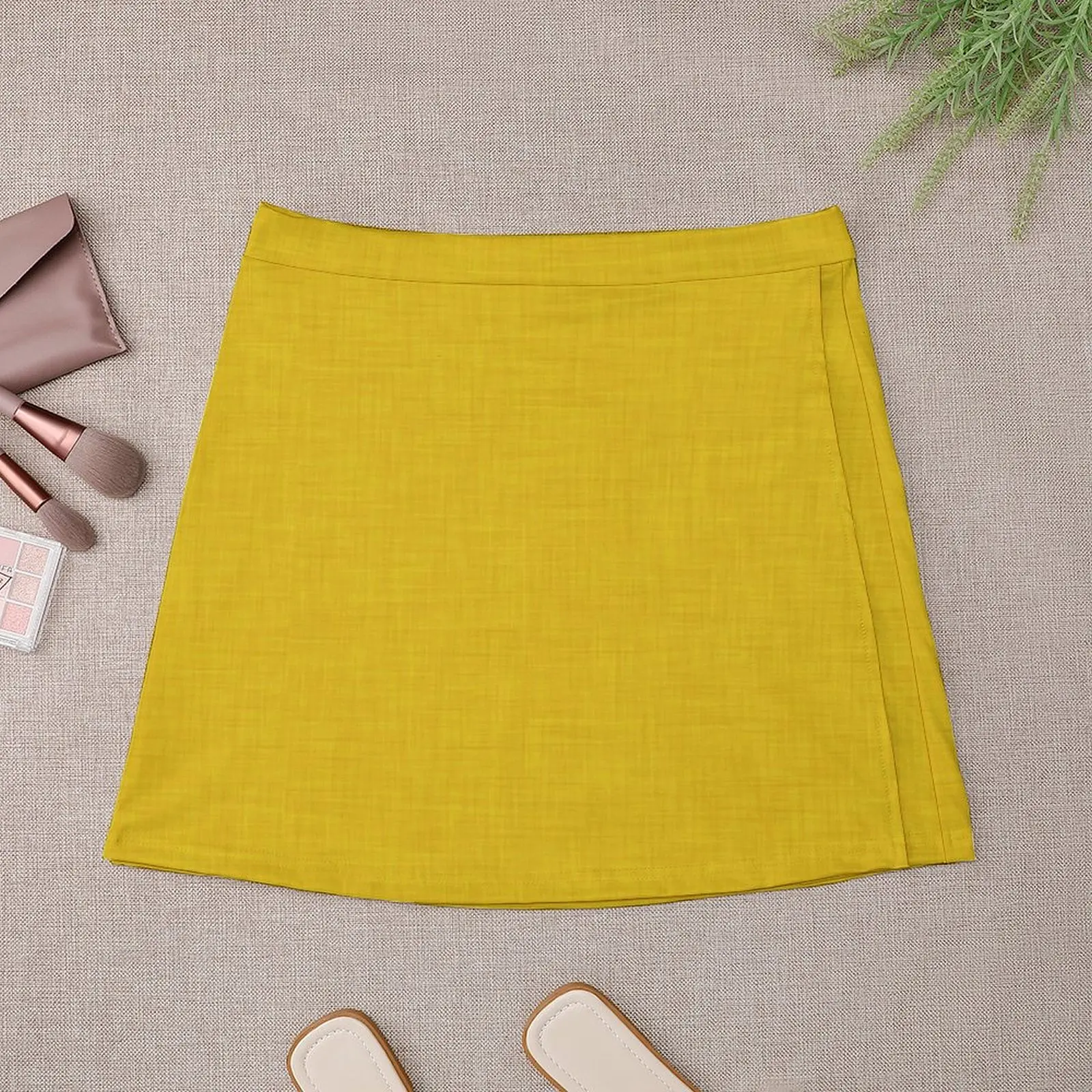 Plain yellow linen texture Mini Skirt School uniform cute skirt Korean skirts outfit korean style Mini Skirt