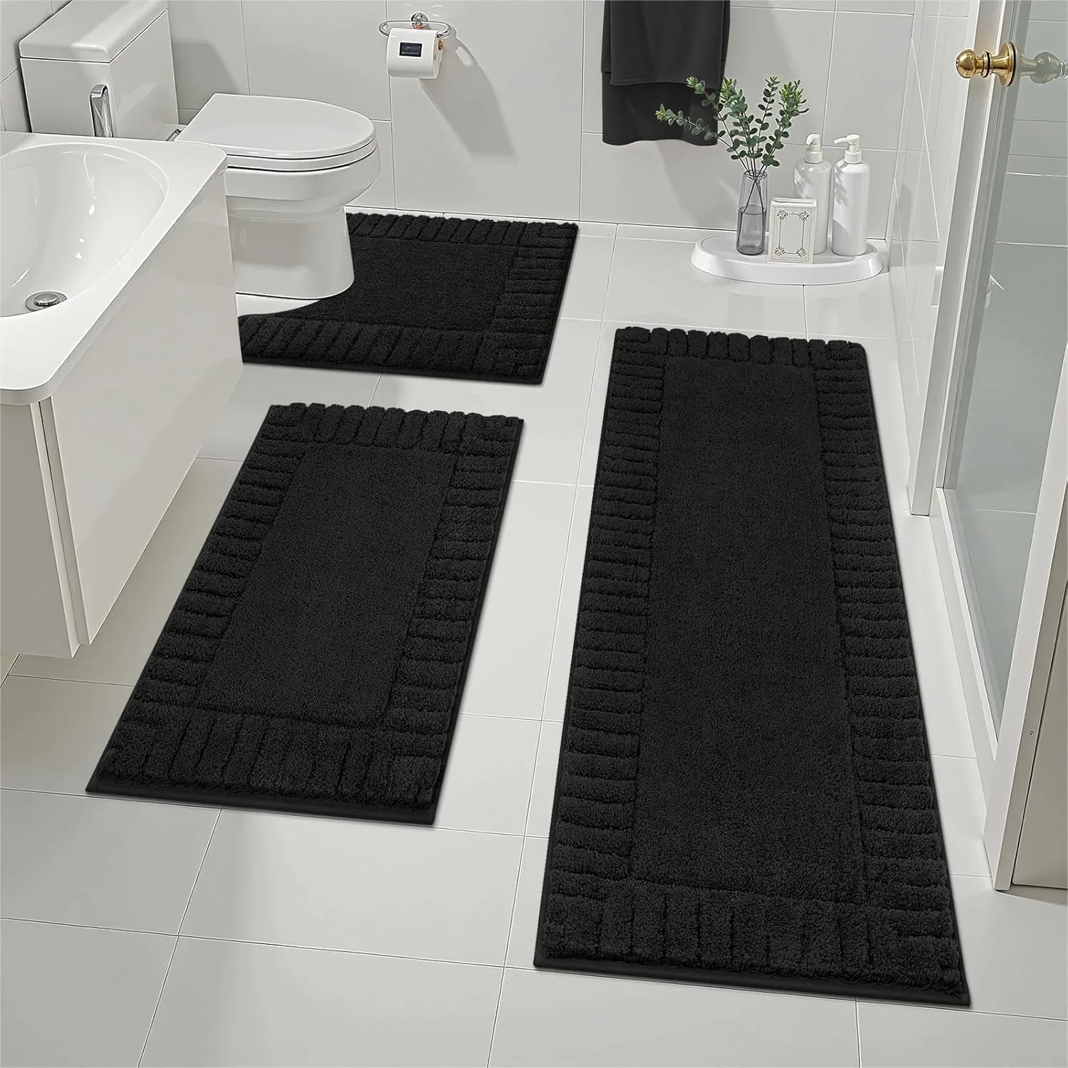 

Bathroom Rugs Sets 3 Piece, U-Shaped Contour Toilet Mat, Absorbent Microfiber Plush Bath Mats Non Slip Machine Washable Shaggy