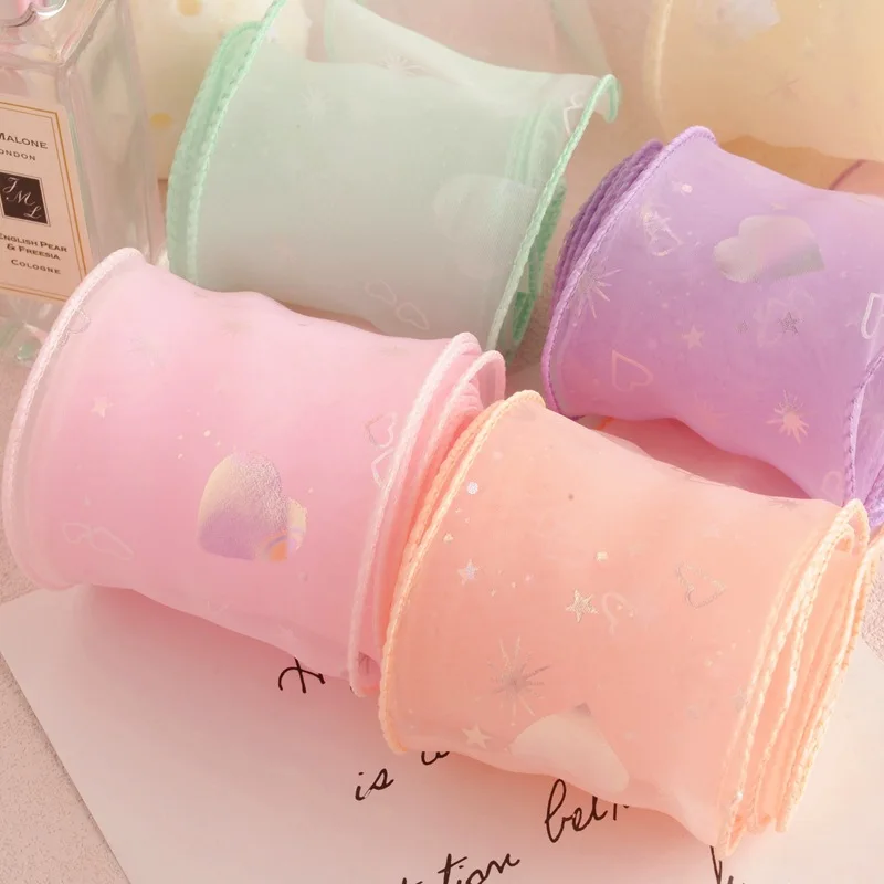 6cm Satin Organza Ribbon Laser Heart Print Wavy Fish Tail Tulle For Hair Bows Crafts Materials Accessories Flower Gift Packaging