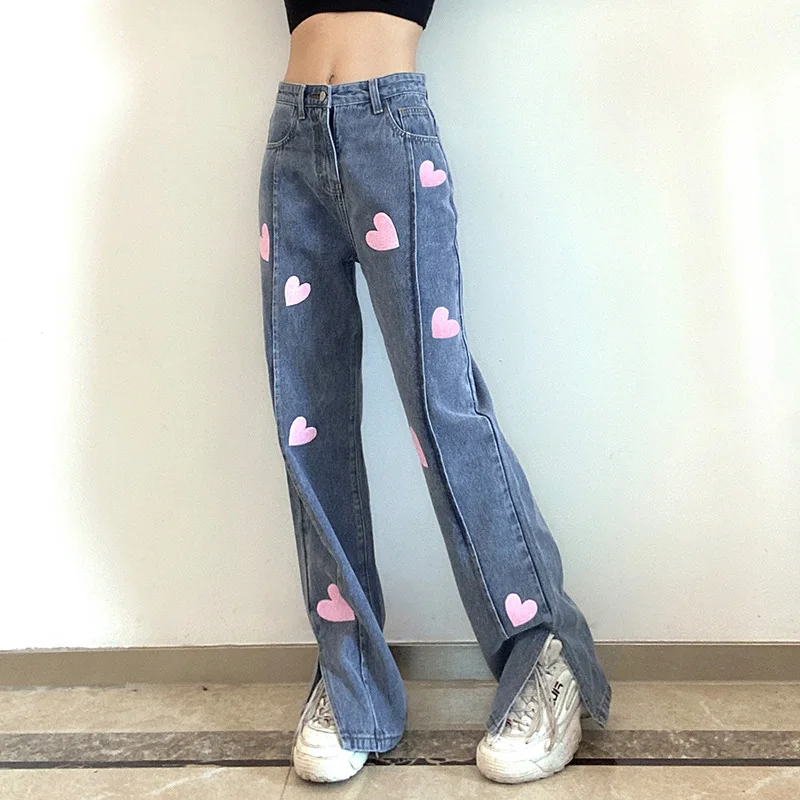 Fashion Love Sequined Trousers Split Blue Jeans Women's 2024 Summer High Waist Casual Drape Straight Trousers Boyfriend Jeans