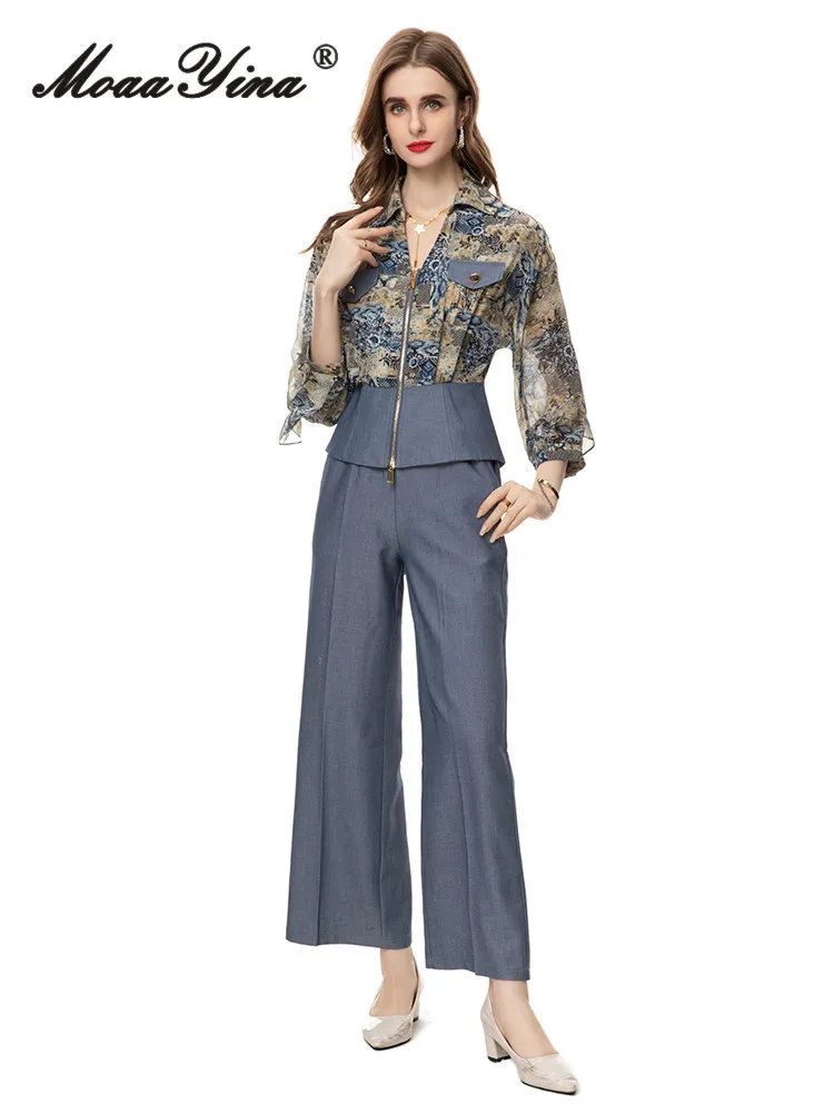 

MoaaYina Summer Fashion Designer High Quality Women Pant Sets Print Net Yarn Zipper Lantern Sleeve V-Neck Elastic Waist PantSets