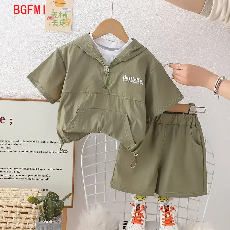Children's Summer Baby Set 2026 New Boys Slim Clothes Handsome Sunscreen Summer Wear Short Sleeve Hoodie+ ShortsTwo Piece Set