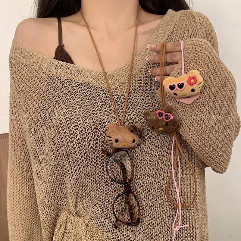 Hello Kitty 3d Plush Doll Eyeglass Lanyard Fashion Accessories Cute Glasses Lanyard Chain Black Skin Kt Y2k Decor Girls Gifts