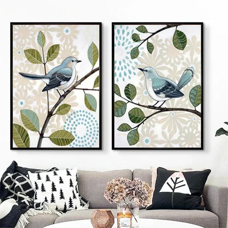 Abstract Flower Green Leaves Lovely Blue Birds Animal Print Diamond Painting Pastoral Poster Wall Art Pictures Bedroom Home De