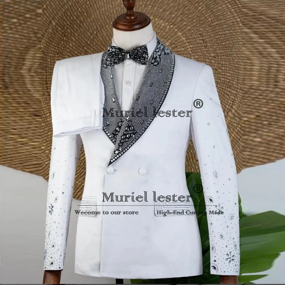

Jewelry Stones Wedding Suits For Men Double Breasted Prom Blazer Customized 2 Pieces Groom Tuxedos Man Banquet Dresses Plus Size
