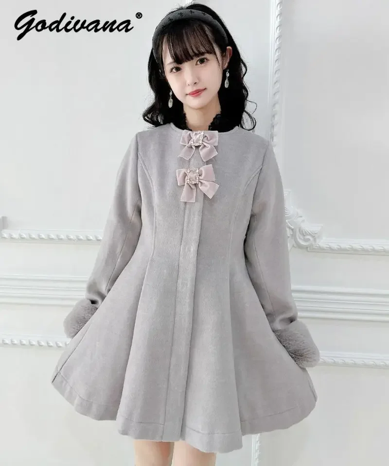 Rojita Woolen Coat Jacket New Autumn and Winter Japanese Girl Female Cute Sweet Plush Straps Pearl Slim Long Overcoat