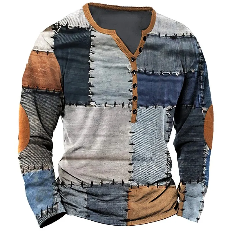 Patchwork Denim Vintage T-Shirt For Men Patchwork Grid Graphic T Shirts  3D Printing Long Sleeve Tee Oversized Man Clothing Tops
