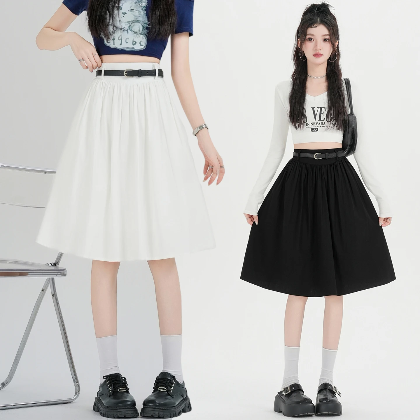 

Весна-Лето 2026: Женская белая расклешенная юбка миди с высокой талией, корейский стиль, стройнящая, дышащая, из полиэстера