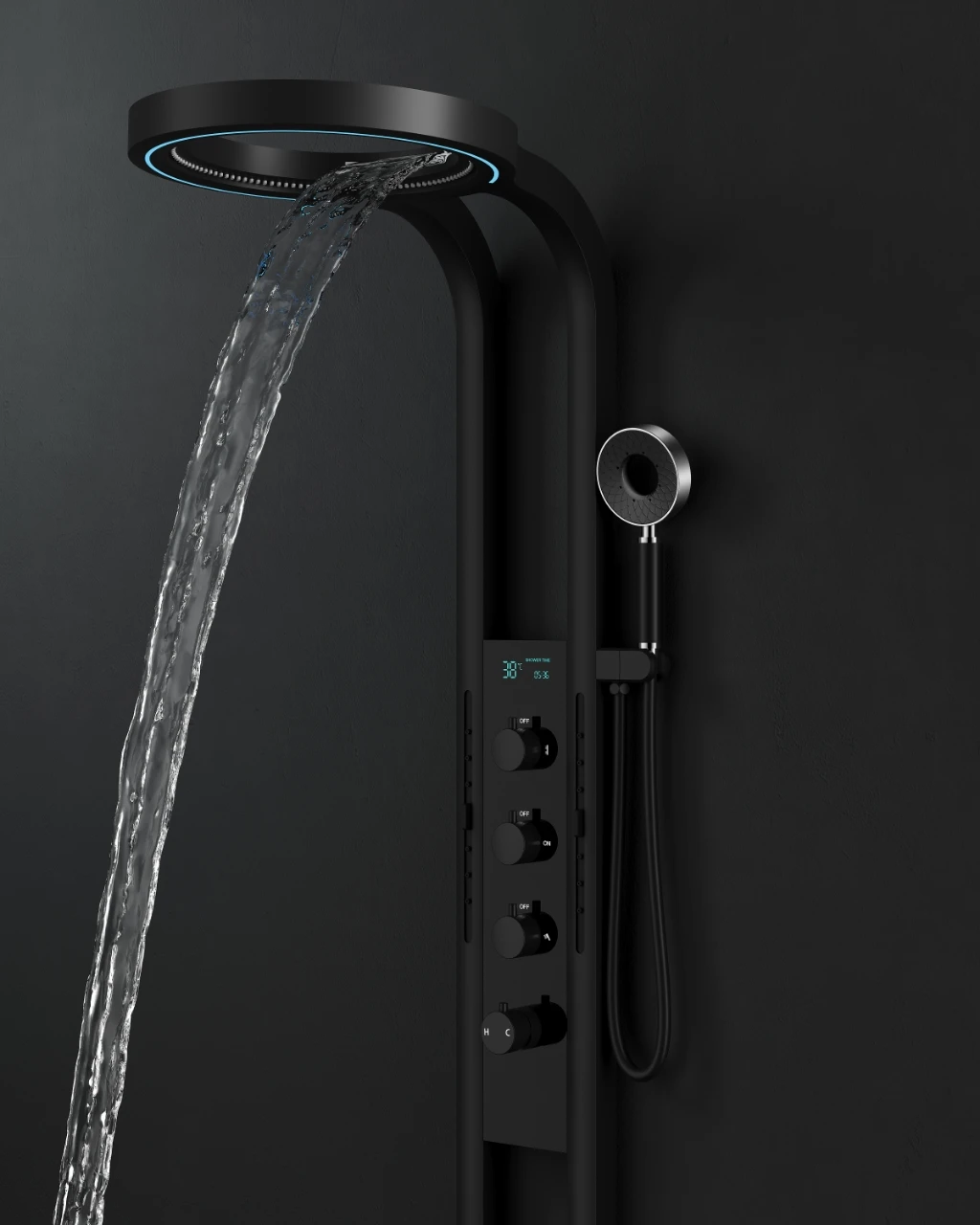 

Idealex Thermostatic Massage LED Digital Shower Faucet System 4 Functions Stainless Steel Rainfall Waterfall Shower Head Towel