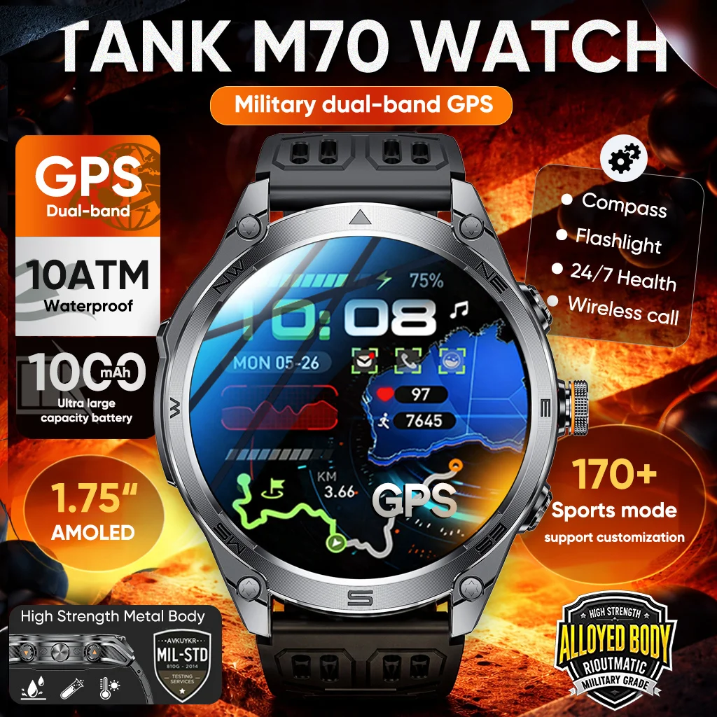 

2026 New TANK M70 Military GPS Smart Watch Dual-band AGPS 10ATM Waterproof 1000mAh Compass 1.75"AMOLED 170+Sports Smartwatch Men