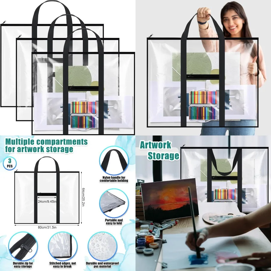 ถุงเก็บโปสเตอร์ขนาดใหญ่ 3 แพ็ค 31.5×25.2 ซม. กล่องใส่ผลงานศิลปะ PVC พร้อมซิปและหูหิ้ว กระเป๋าใสสำหรับจัดเก็บง่าย
