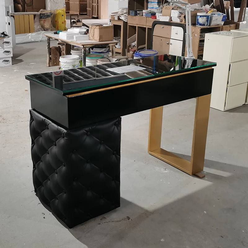 Modern Nail Shop Furniture Black Wooden Professional Glass Top Manicure Table Desk Luxury Nail Tech Table with Dust Collector