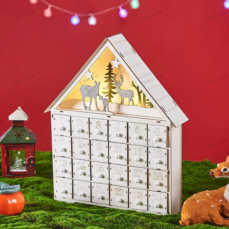 Wooden Christmas Advent Calendar with LED Light, 24-Day Countdown House Ornament with Drawers, Reusable Holiday Decoration