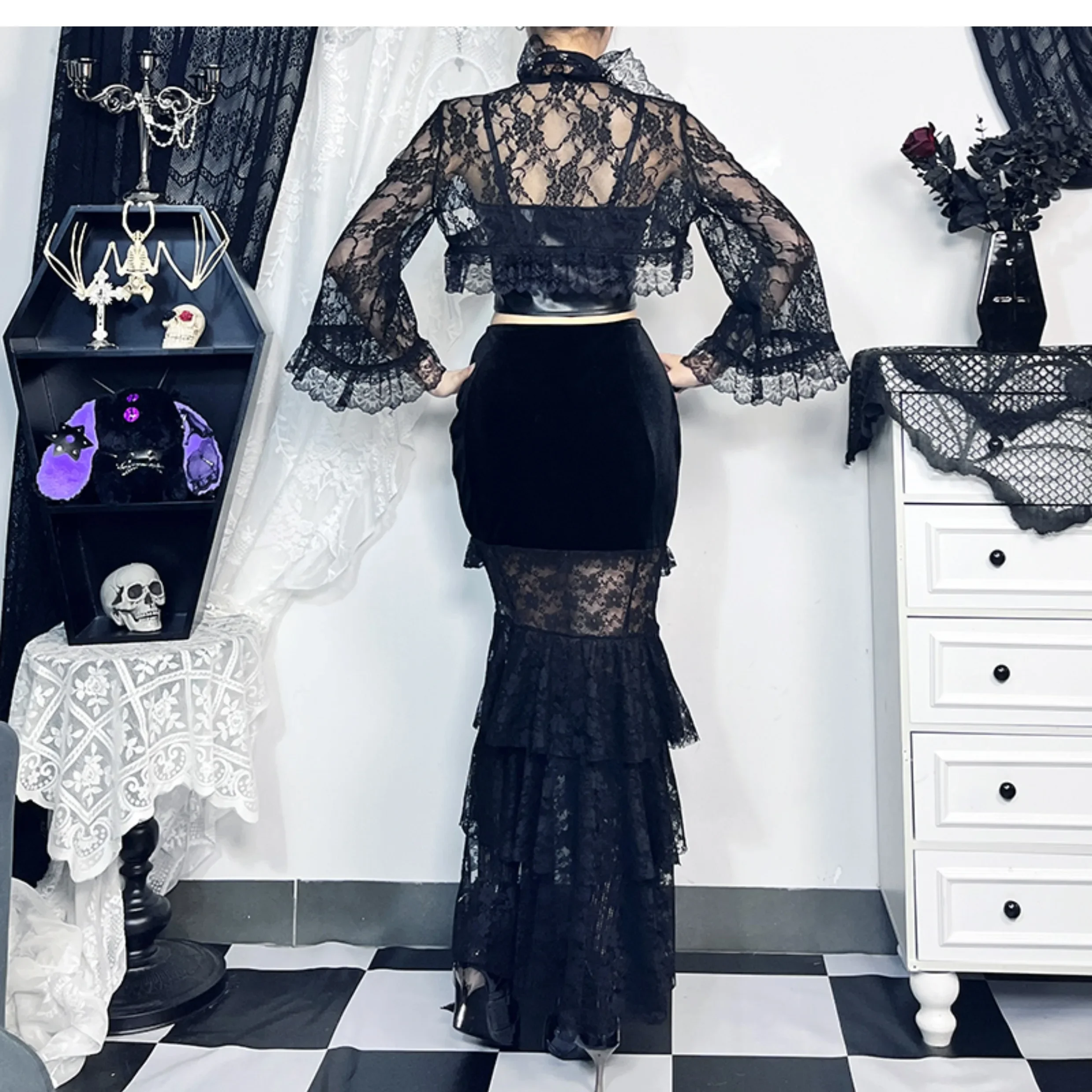 Gothic Harajuku Pleated Lace Black Fishtail Skirt Hot Girl Streetwear Fashion High Waist Slim Elegant Subculture Splicing Skirts