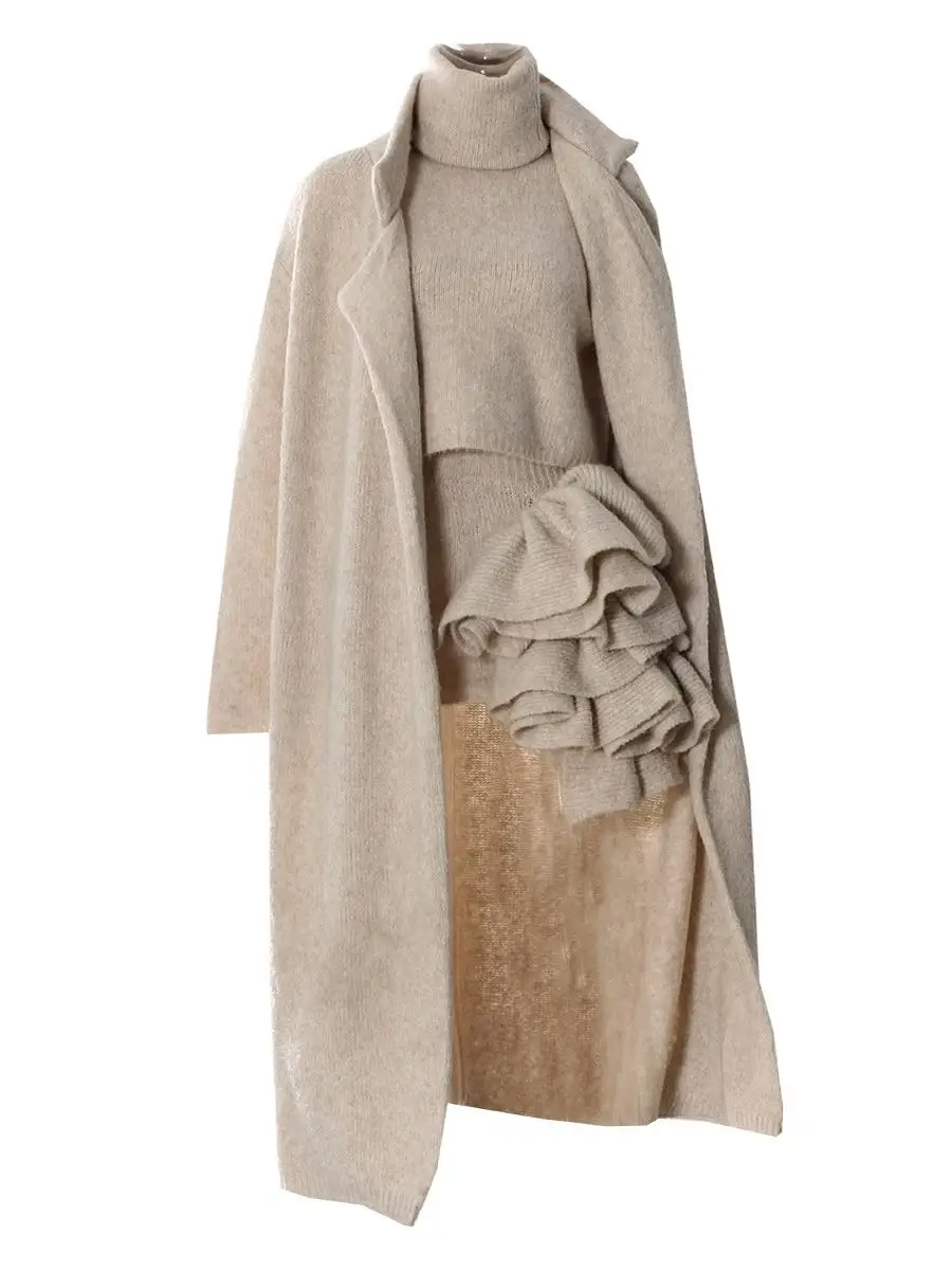 

Spring Faion Casual Loose Knitted Long oulder Wrap Cardigan High Collar Sweater Layered f Skirt Tee Piece Set for Women