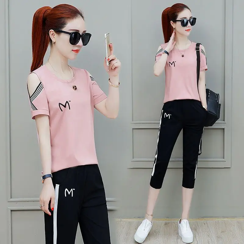 Women\'s Summer Casual Korean Short Suit 2024 New Loose Sports Clothes Sleeve T-shirt Capris Pencil Pants Two Piece Set For Women