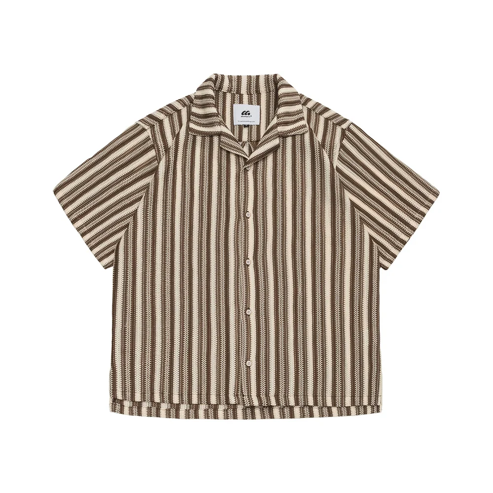 

Men Japanese Korean Streetwear Cityboy Summer Vintage Loose Casual Short Sleeve Cuban Collar Knitted Stripe Shirts Blouse Man