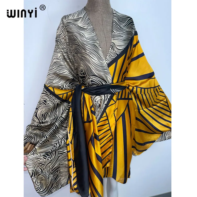 WINYI 2022 Bohemian Printed Self Belted Loose Summer elegant Beach Tunic free Size Kimono Women Street Wear Casual Maxi Dress