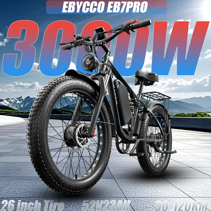 Vélo électrique EB7 Pro 3000W Peak Dual Motor pour adultes, dompte les collines et les sentiers accidentés avec facilité, batterie amovible 52V 23Ah longue portée, pneus tout-terrain 26 pouces, suspension intégrale, frein hydraulique, vélo électrique tout-terrain 60 km/h