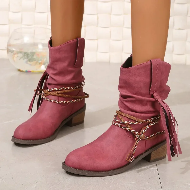 Ladies Shoes on Sale 2024 New Sleeve Women's Boots Winter Rome Round Toe Solid Middle Tube Chunky Heels Large Size Western Boots