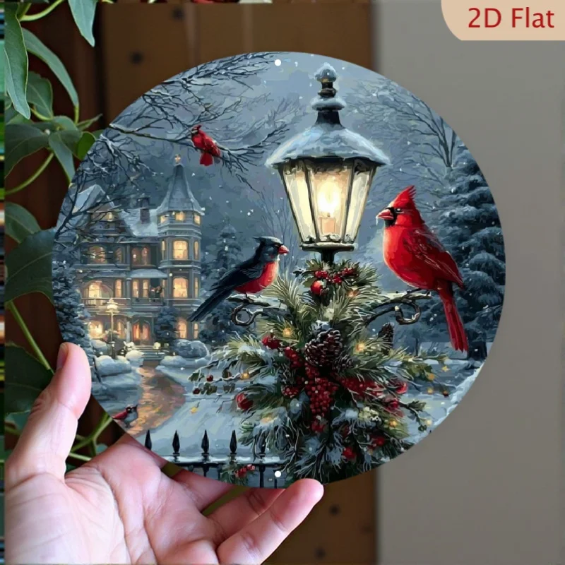 

Street Light With Red Bird Round Aluminum Wall Sign - Durable Metal Plaque, Pre-Drilled Holes For Easy Ha