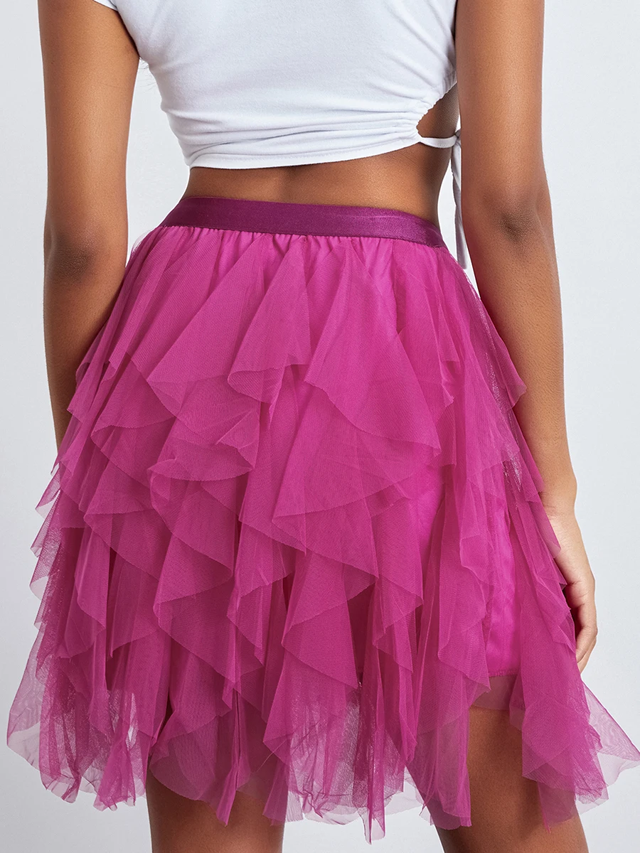 Women Tulle Tutu Skirt Solid Color Elastic Midi Waist Layered Mesh Fairy A-Line Skirts for Beach Party Streetwear Fairycore Y2K