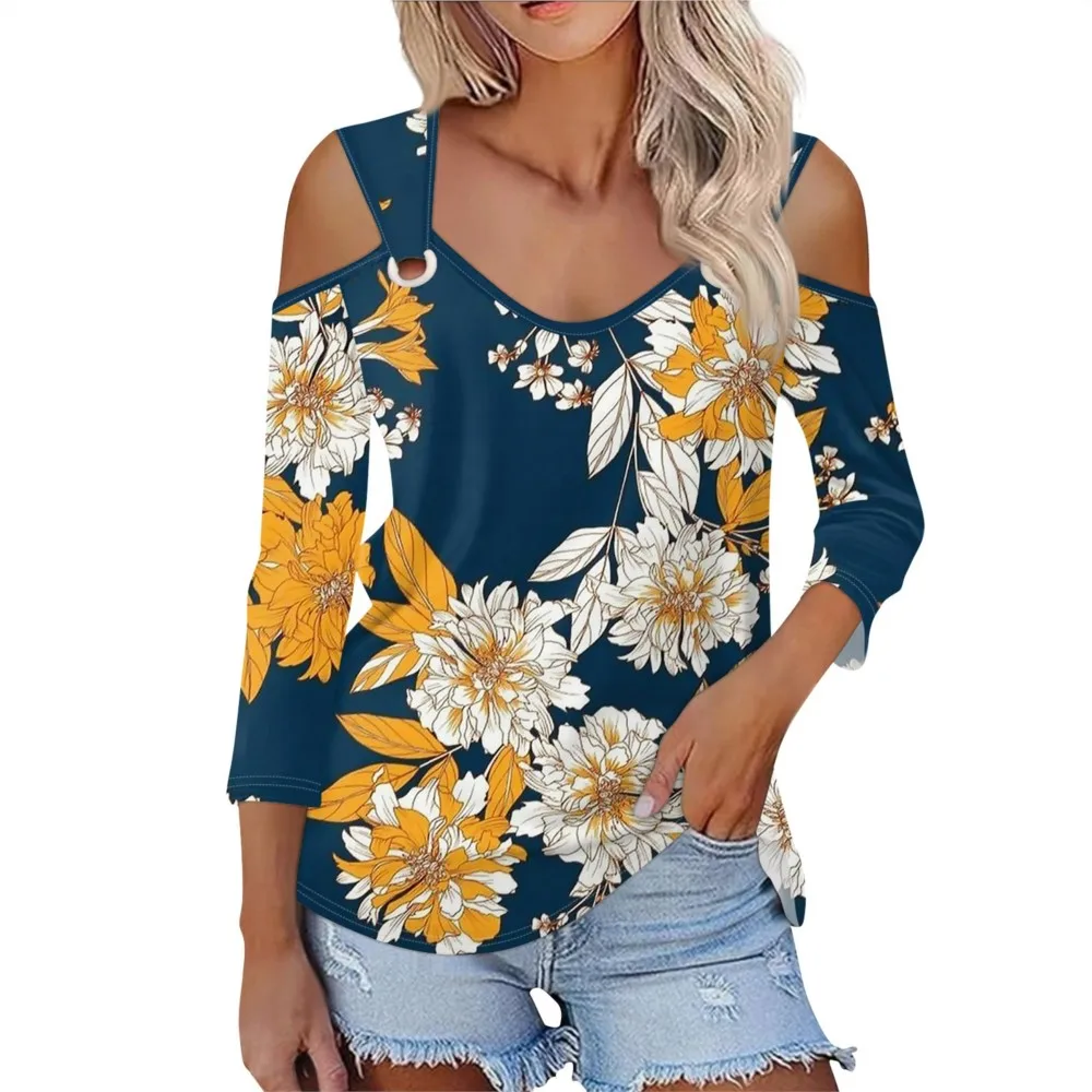 Women's Autumn New Fashion V-neck Flower And Leaf Print Elegant Top T-shirt Long-sleeved Off-shoulder Casual Loose Metal T-shirt