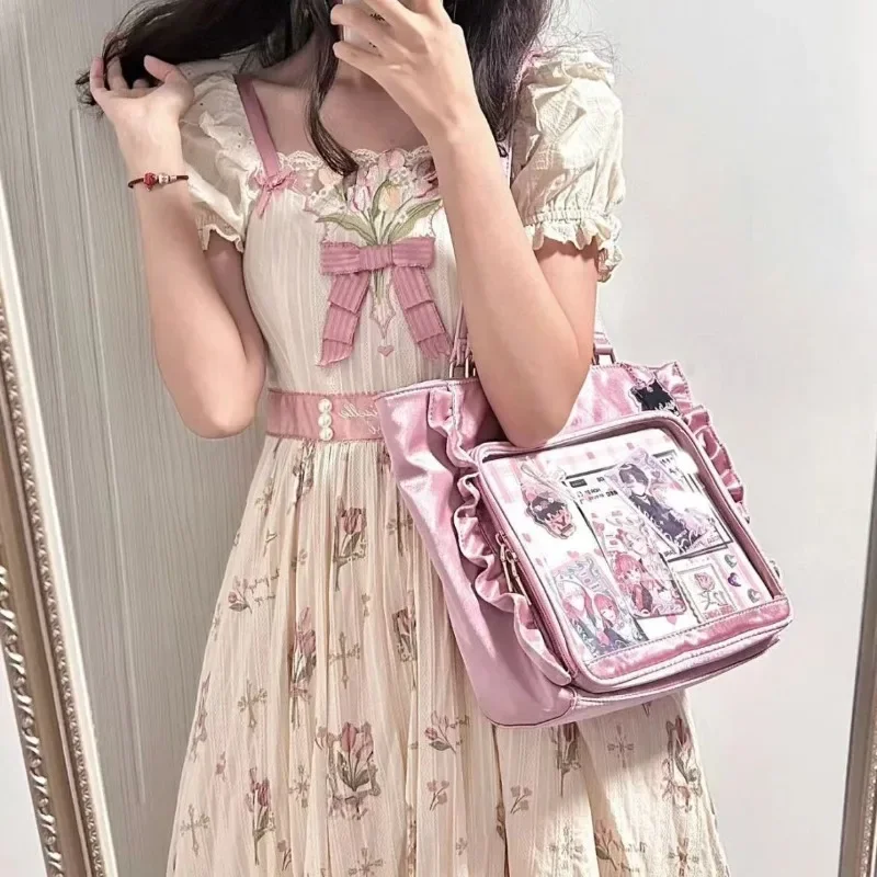 HAEX Lolita Women Ita Bags Aesthetic DIY Anime Badge Underarm Shoulder Bags Fashion Sweetly Nylon Ruffled Tote Bolso Mujer