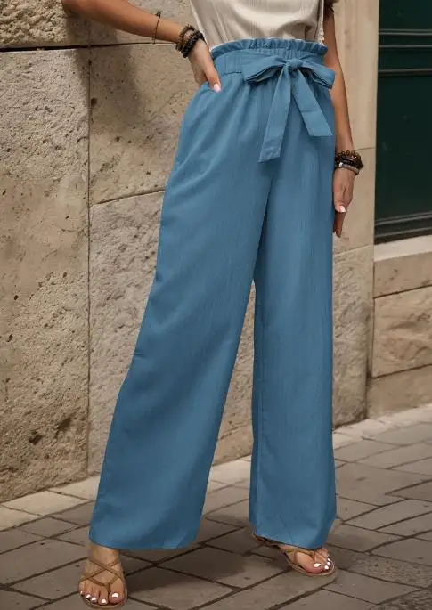 Women's Pants Summer New Elegant Daily Casual Style Solid Color High Waisted Lace Up Design Slim Fit Straight Leg Wide Leg Pants