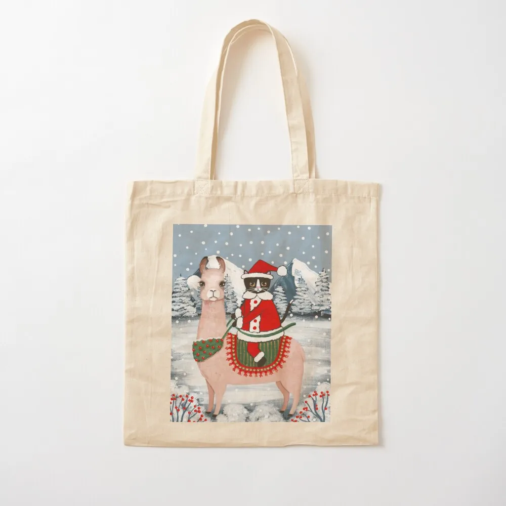 Santa Claws Cat and Llama Tote Bag custom fabric bag shopper bag women