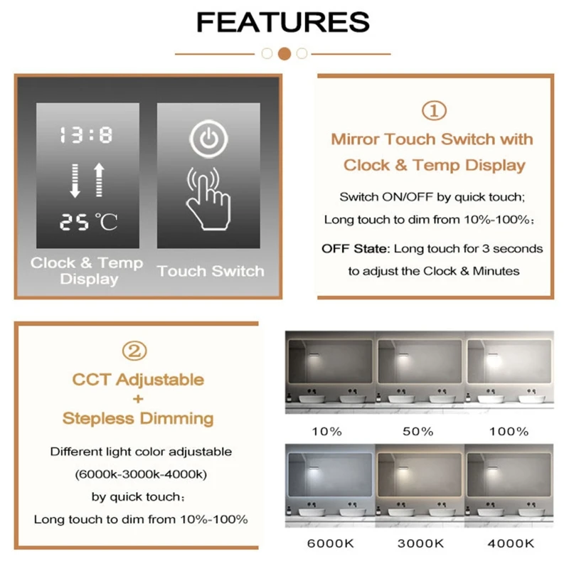 DC12V Single Button Touch Sensor with Clock Temperature Display LED Touch Switch for Vanity Bathroom Mirror Y5GB