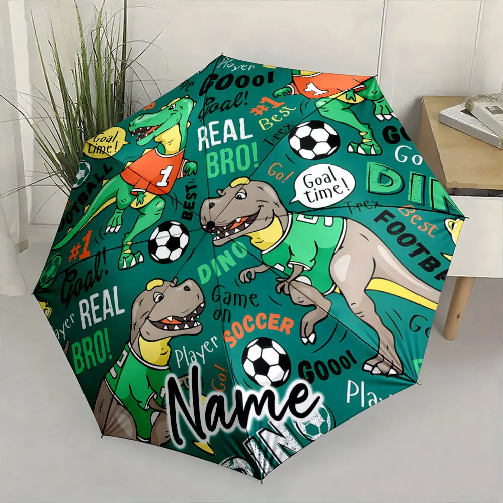 Custom Name  Dinosaur Playing Soccer Umbrella Design for Kids Print 8 Iron Ribs Folding Umbrella Auto-Open Fashion Sunshade