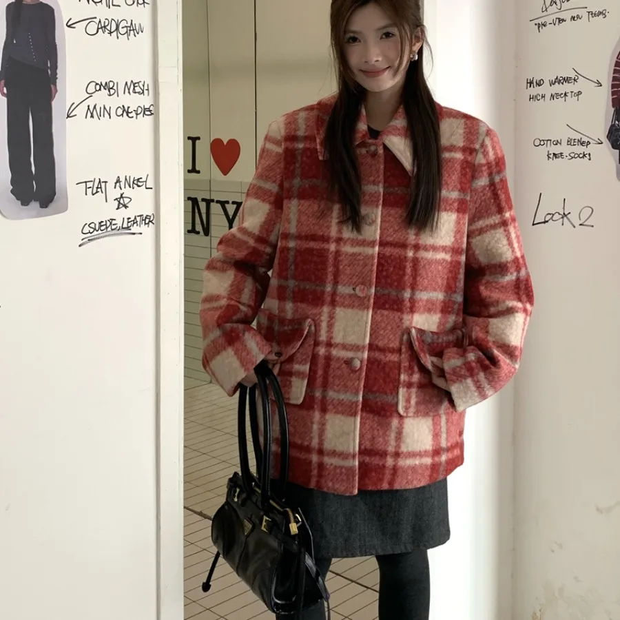 

Шерстяное пальто Thiened, женское корейское шикарное осенне-зимнее клетчатое пальто в стиле ретро, маленькое хлопковое пальто с эффектом Fraance, высококачественное Thiened Twee...