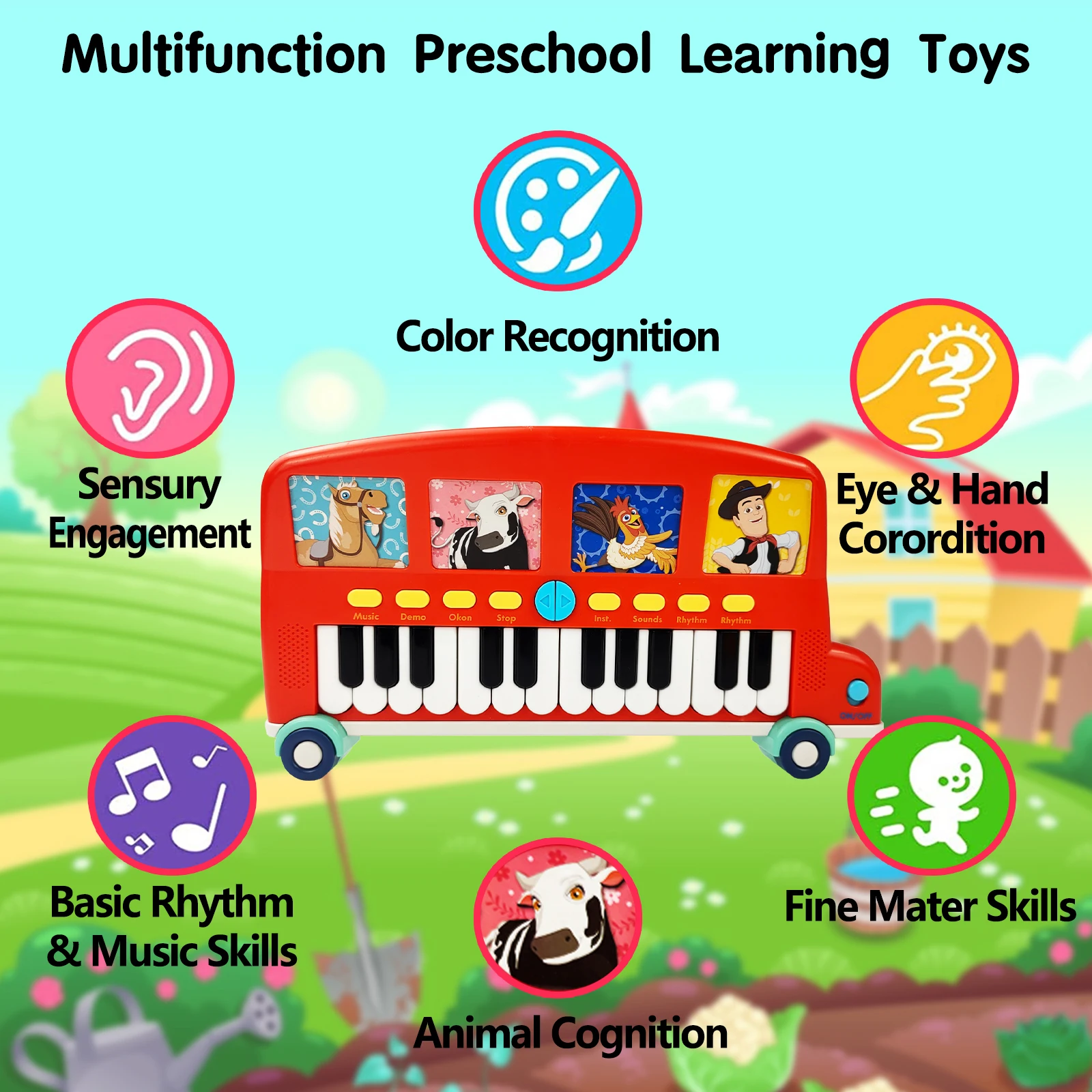 La Granja De Zenon Piano multifuncional para crianças infantis, instrumento musical, primeiros brinquedos educativos, fazenda, 24 teclas