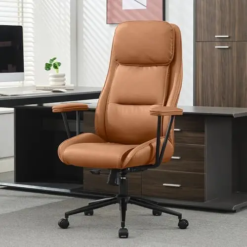 High Back Office Chair, Ergonomic Reclining Swivel Chair, Brown Leather with Lumbar Support