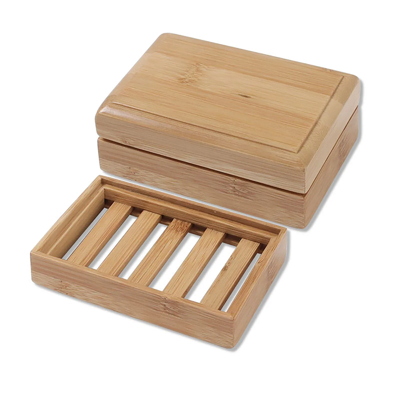 Natural Wood Bamboo Soap Drainer Tray with Cover Dish Storage Bathroom Container Portable Bathroom Soap Dish Storage Box