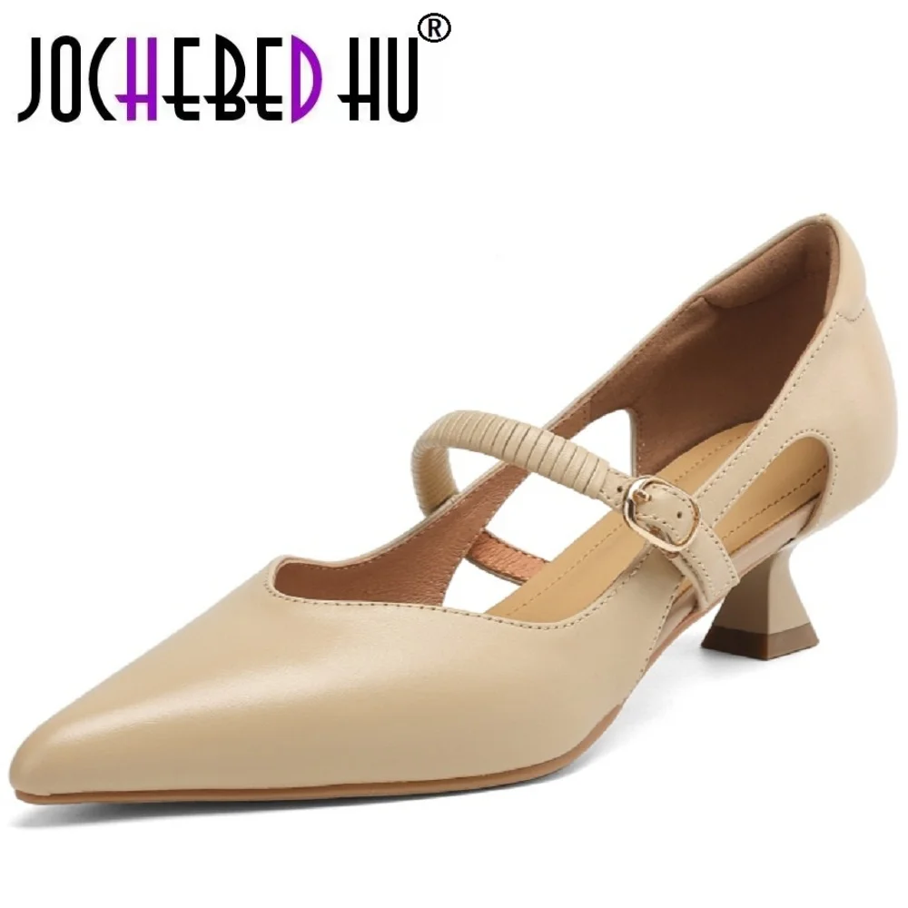 

【JOCHEBED HU】новые летние женские туфли-лодочки Мэри Джейн ручной работы из коровьей кожи с металлической пряжкой, элегантные женские босоножки на среднем каблуке 34-40