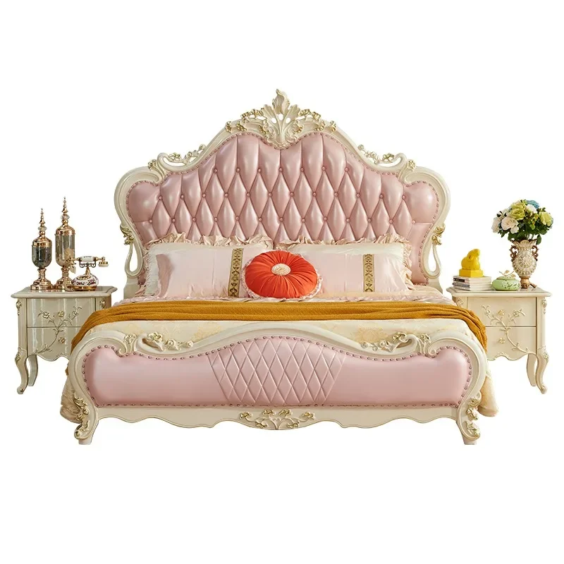 Factory Direct 2026 Leather pink double bed full solid wood 1.8m master bedroom queen bed French luxury wedding bed pearl white