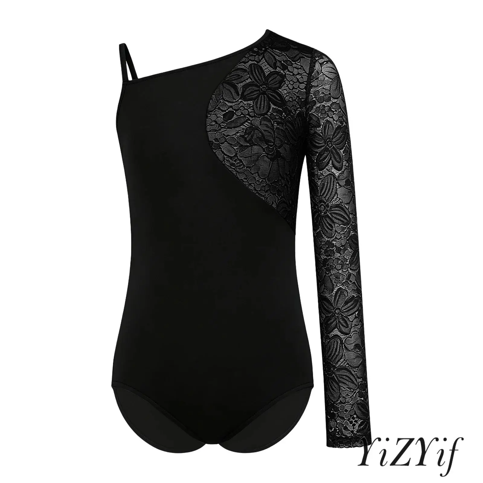 

Купальник для лирических танцев с одним рукавом и кружевом для девочек, боди с длинным рукавом на кнопках для балета, латины, йоги, танцевальных соревнований