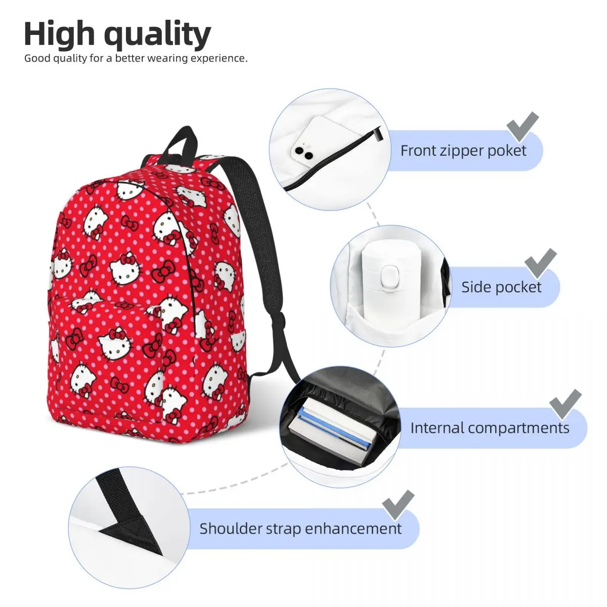 Vermelho Olá Kitty Dos Desenhos Animados para Homens Mulheres Estudante Escola Bookbag Lona Daypack Elementar High College Caminhada