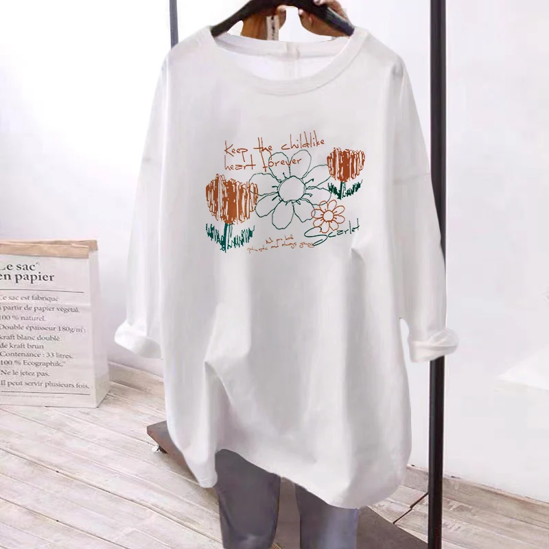 Oversize White Pure Cotton Long Sve Women's T-irt Casual Thin Sle Korean Version Base irt for Autumn Season