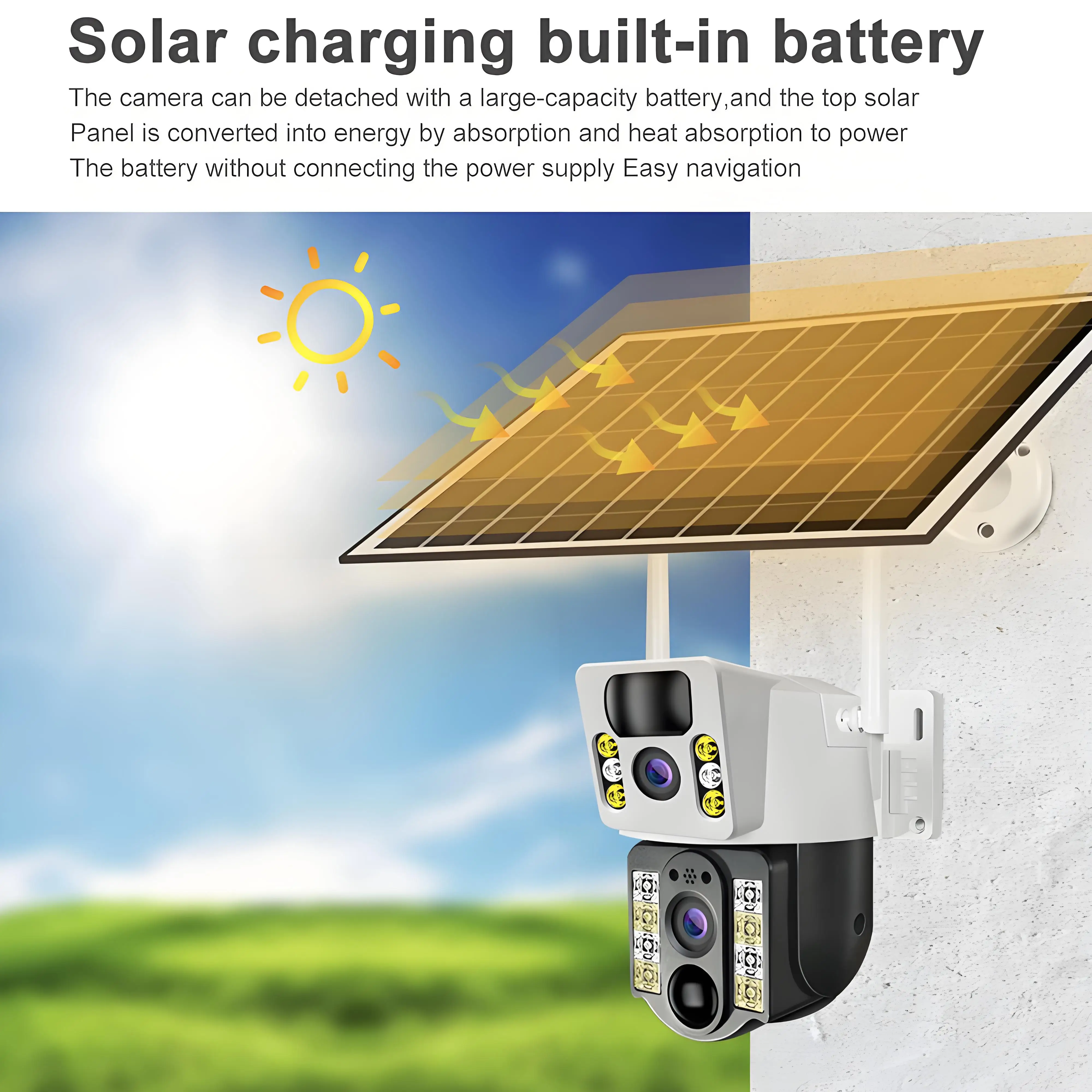 Câmera solar ao ar livre sem fio, lente dupla, IP, PIR, CCTV Security Protection Monitor, 360 Video, câmeras de vigilância WiFi, 4G, 8MP, 4K